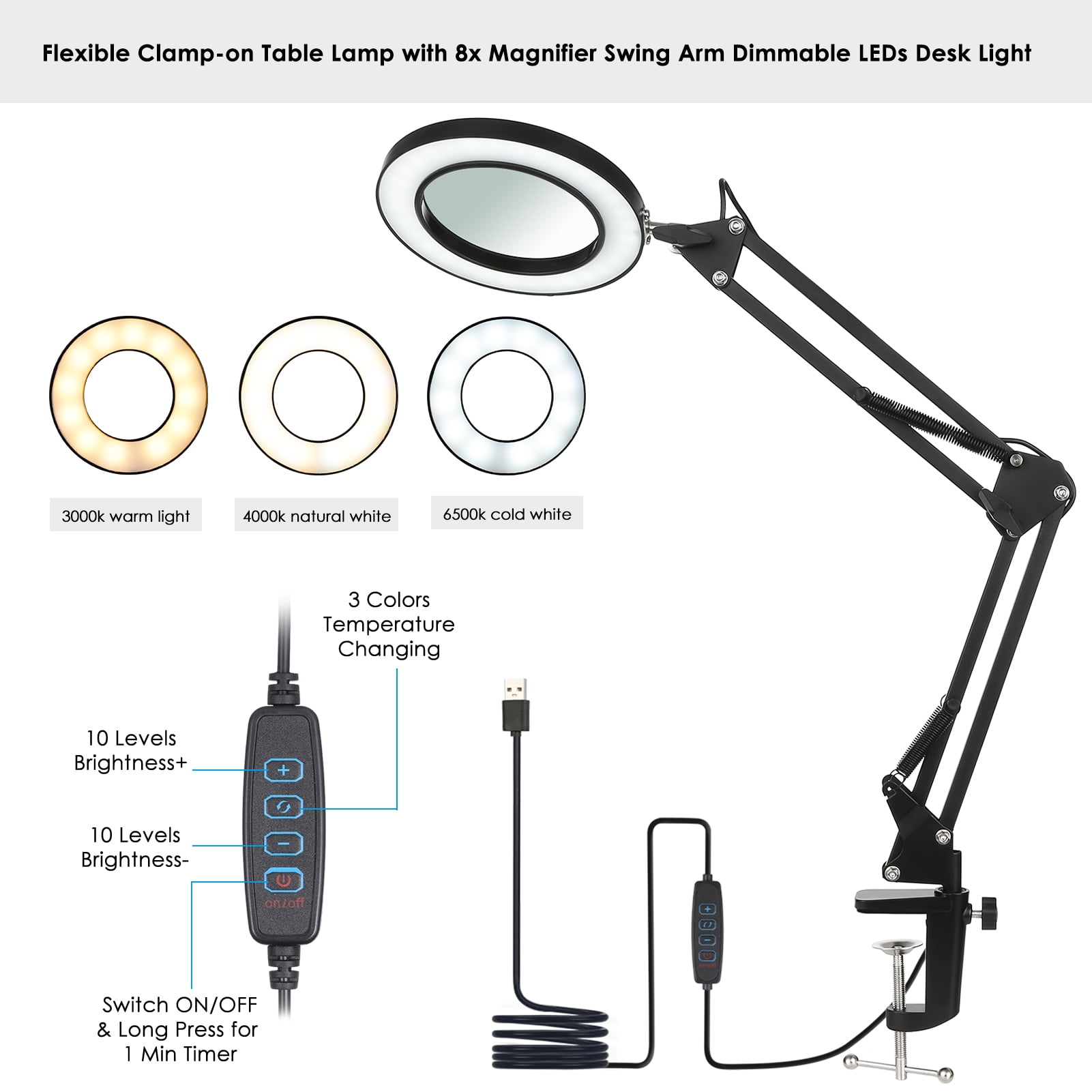 Neoglint Flexible Clamp-on Table Lamp with 8x Magnifier Swing Arm Dimmable LEDs Desk Light 3 Color Modes & 10 Brightness Levels Reading Working Studying Light