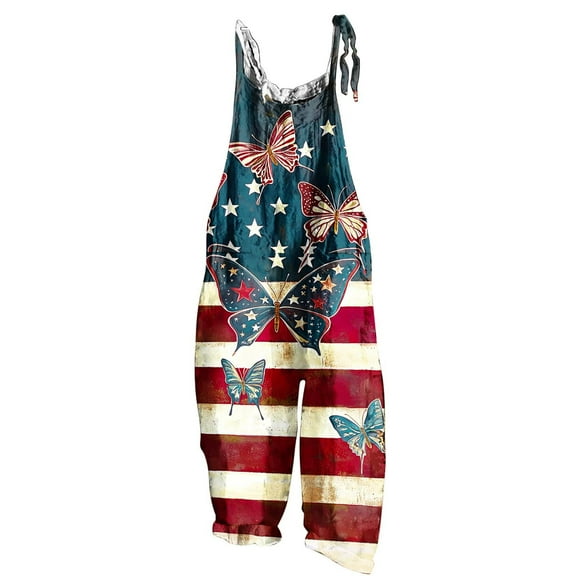 Tnhcen Women's Independence Day Print Boxy Wide Leg Jumpsuit - Adjustable Straps & Soft Bamboo-Linen Fabric
