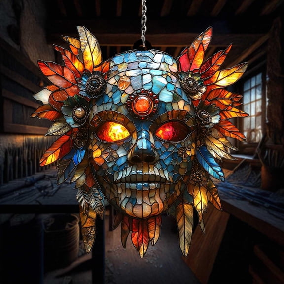 Skull Mask Suncatcher, Acrylic Window Hanging with Glowing Eyes, Leaves and Flowers, Gothic Halloween or Festival Decor Gift Idea