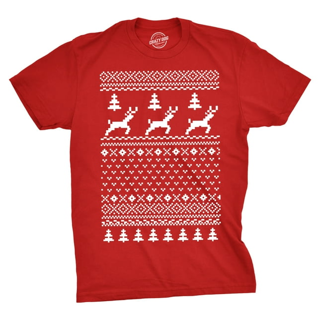 Ugly Christmas Sweater T Shirt Funny Holiday Party Tee Vintage Reindeer Pattern (Red) M
