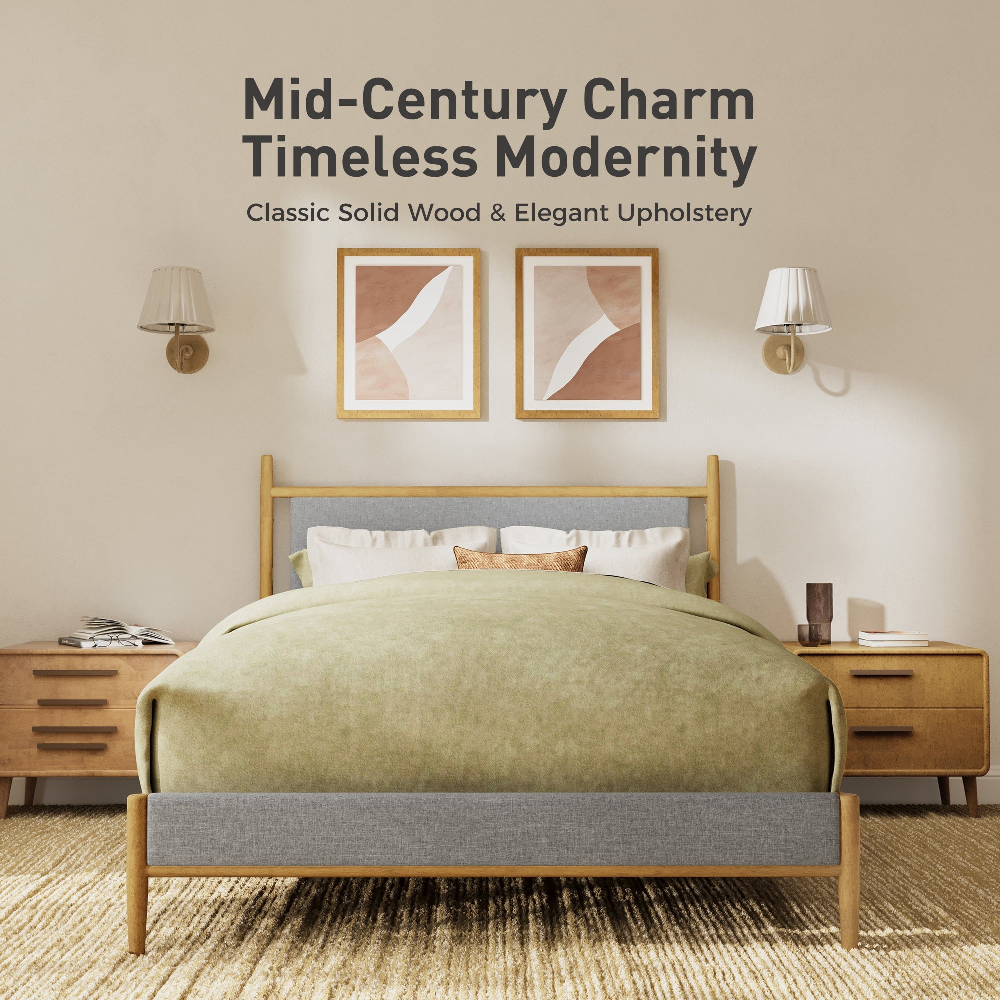 Sophia & William Queen Size Wood Bed Frame Upholstered Platform Bed Frame with Headboard & Footboard Mid-Century Bedroom Furniture,No Box Spring Needed,Gray