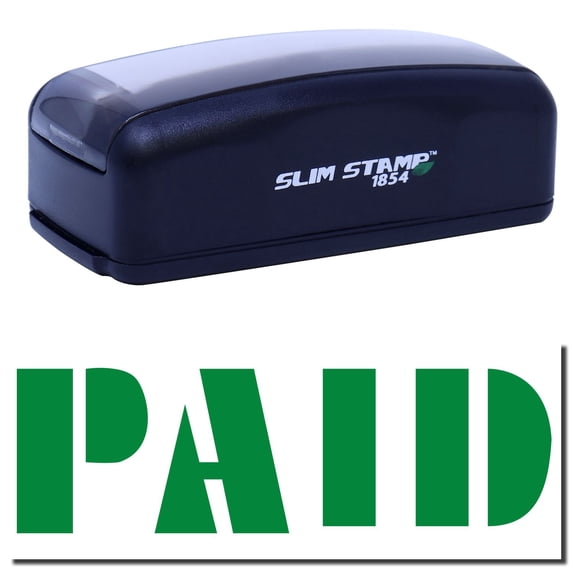 Large Pre-Inked Bold Paid Stamp, Slim 1854, Ultra Slim Design, Impression Size 1-13/16" by 2-1/2", Up to 25,000 Impressions - Green Ink