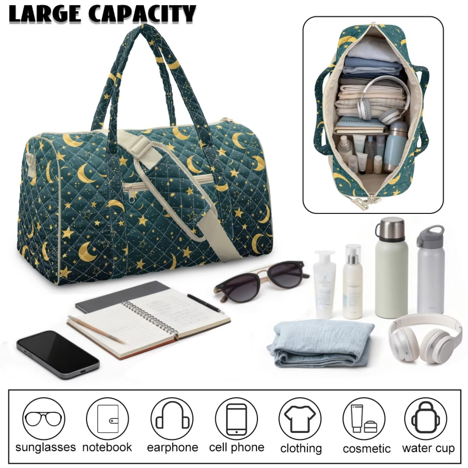 Chririnla Luggage Bag Travel Bags for Women Large Overnight Bag with Shoulder Strap & Handle Dual Design for Bussiness, Blue Moon & Star Print