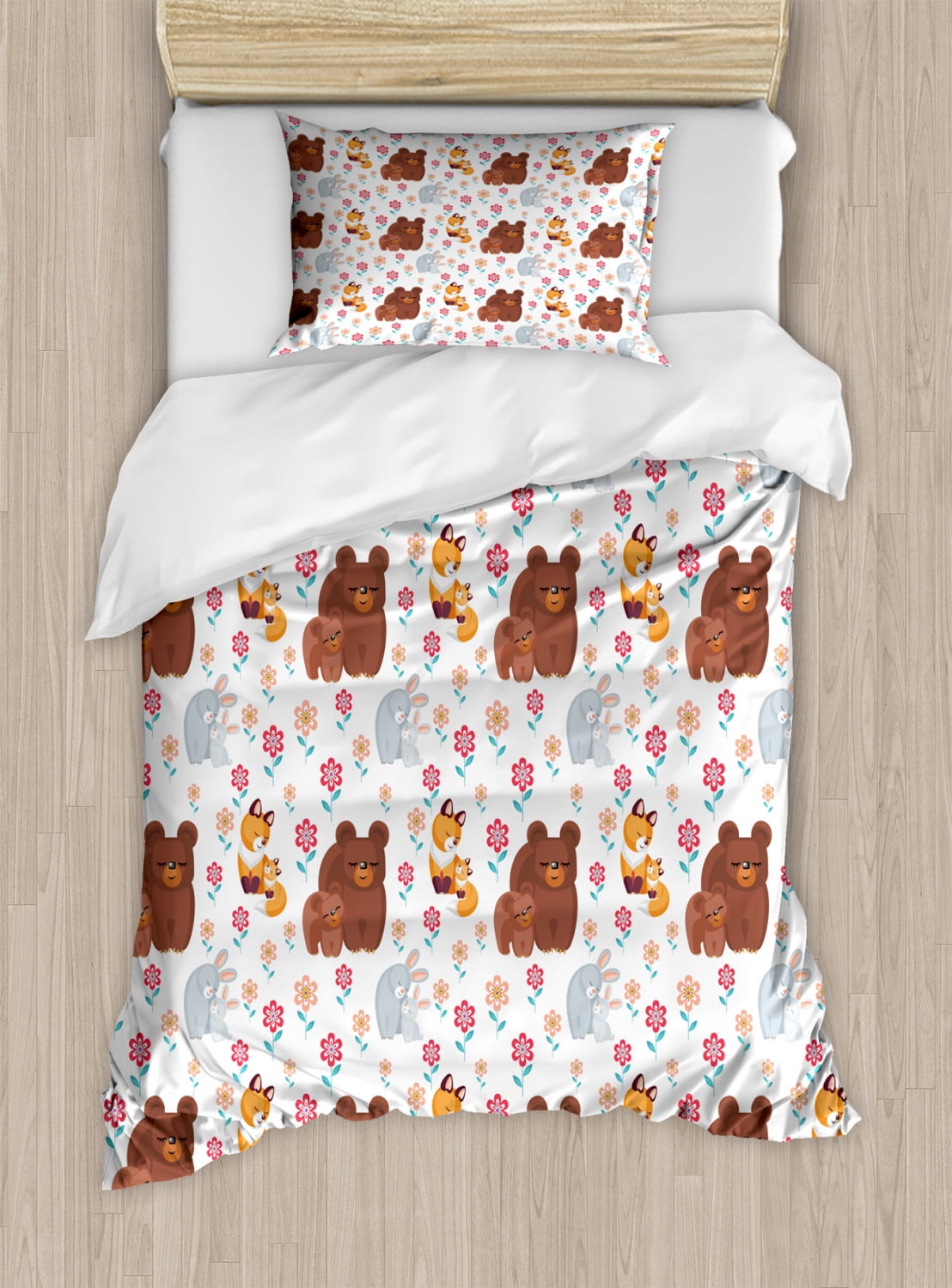 Animal Duvet Cover Set Twin Size, Mothers Day with Baby and Mom