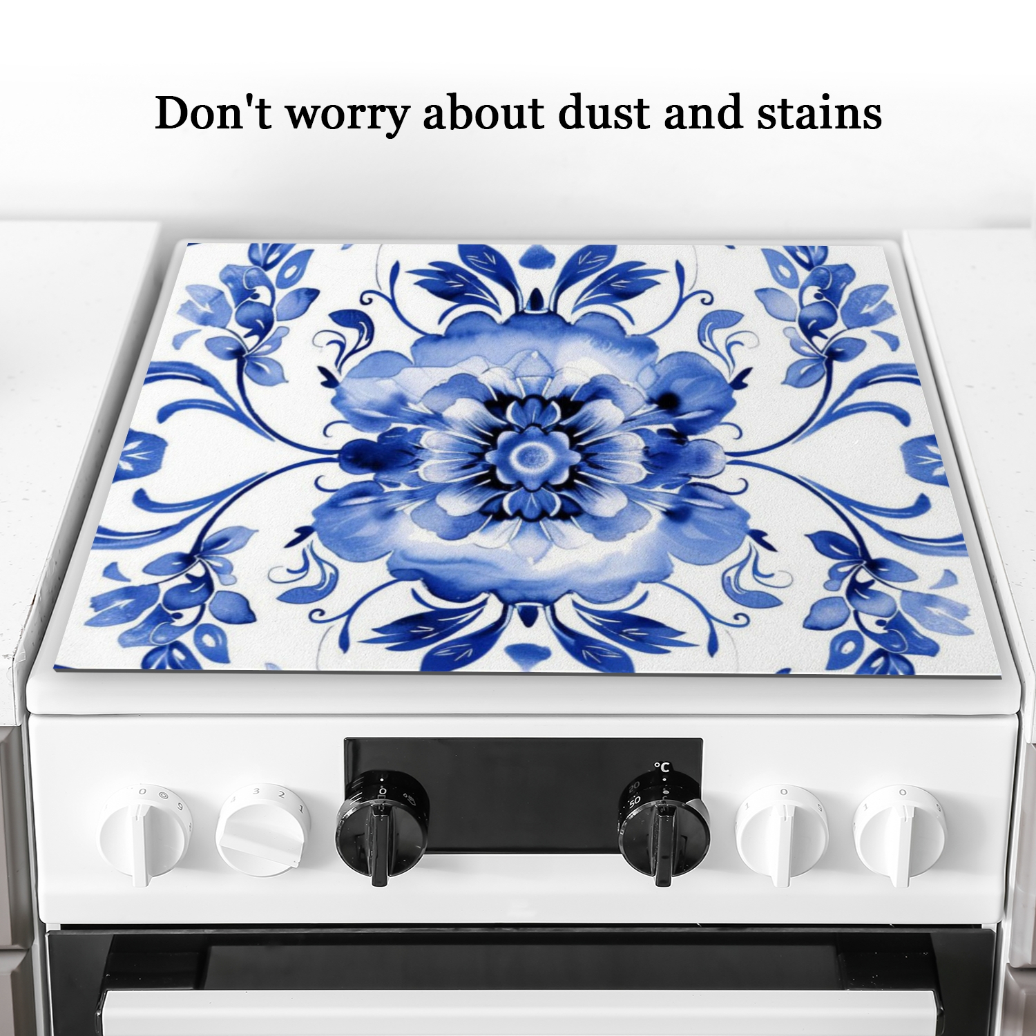 Cooktop Covers For Electric Glass Top, Blue and White Acanthus Leaves Heat Resistant Flat Stove Top Cover, Square Foldable Decoration Mat for kitchen RV (28×20 Inch)