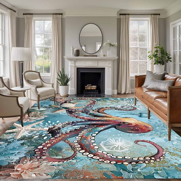 5'x8' Area Rugs, Coastal Octopus Indoor Outdoor Area Rug for Living Room Bedroom, Vintage Teal Nautical Beach Botanical Washable Bathroom Rugs Kitchen Floor Carpet Mats Home Decor Aesthetic