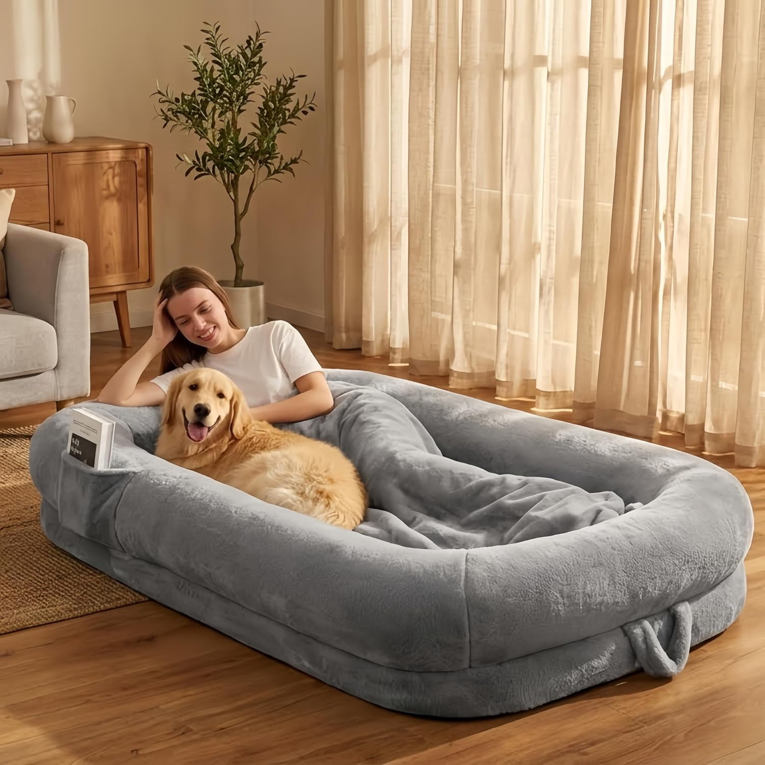 Large Human Dog Bed for Adults, 71"x43"x10" Cozy Human Sized Pet Bed, Orthopedic & Washable Cover, Non-Slip Comfortable Lounger for People and Pets, Light Grey