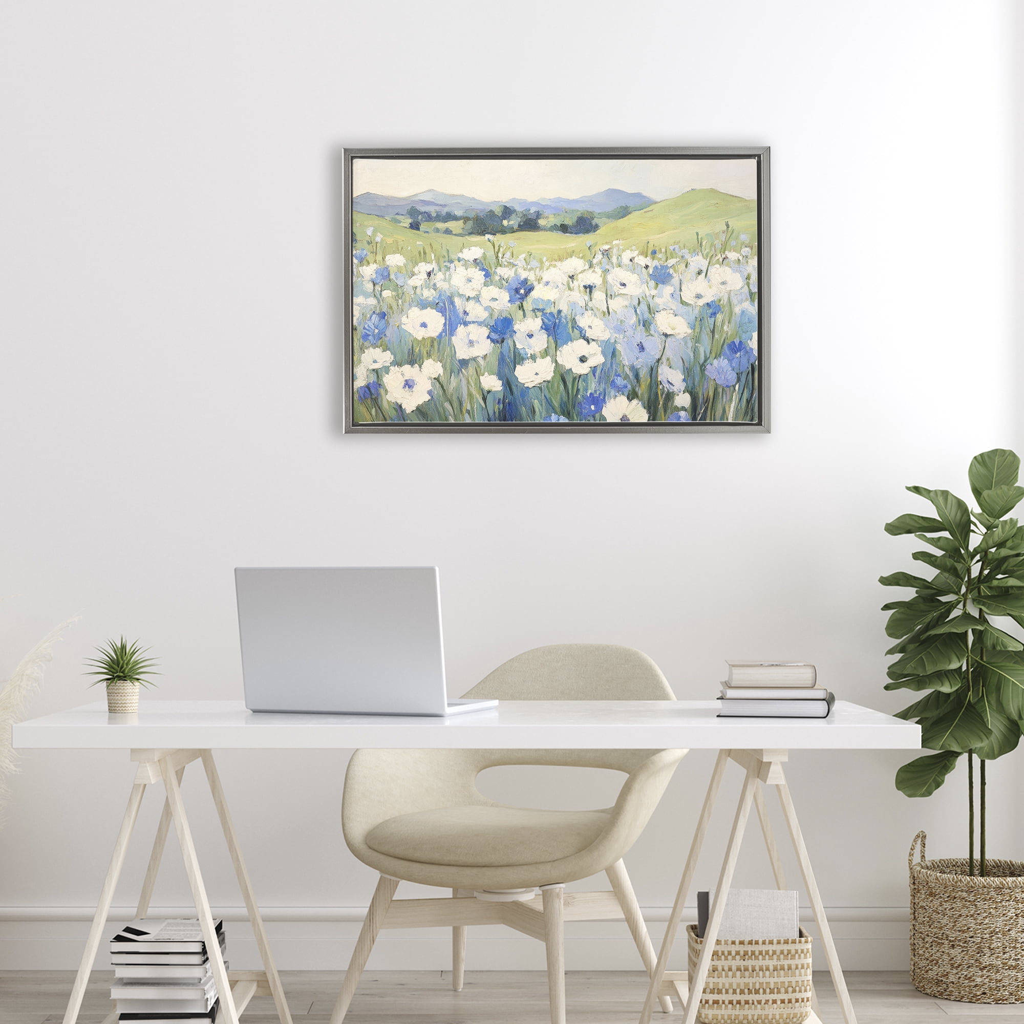 Stupell Industries Blue & White Daisies Gray Framed Floater Canvas Wall Art, design by Petal Prints Design
