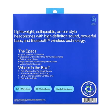 ONN BLUETOOTH WIRELESS ON-EAR HEADPHONES, BLUE, 24-HOUR PLAYTIME