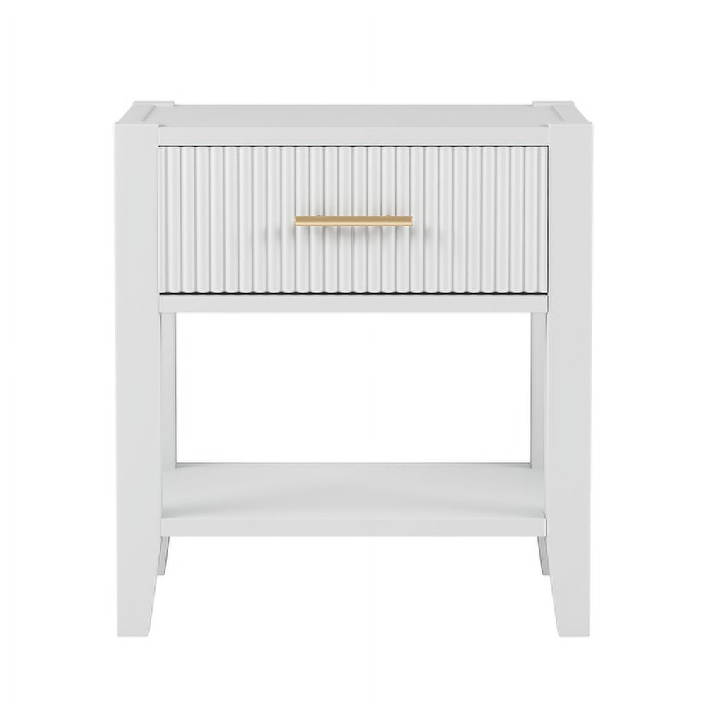 Wooden Nightstand with Gold Handle, Bedside Table with 1 Open Storage and 1 Drawer, End Table for Living Room, Bedroom, White