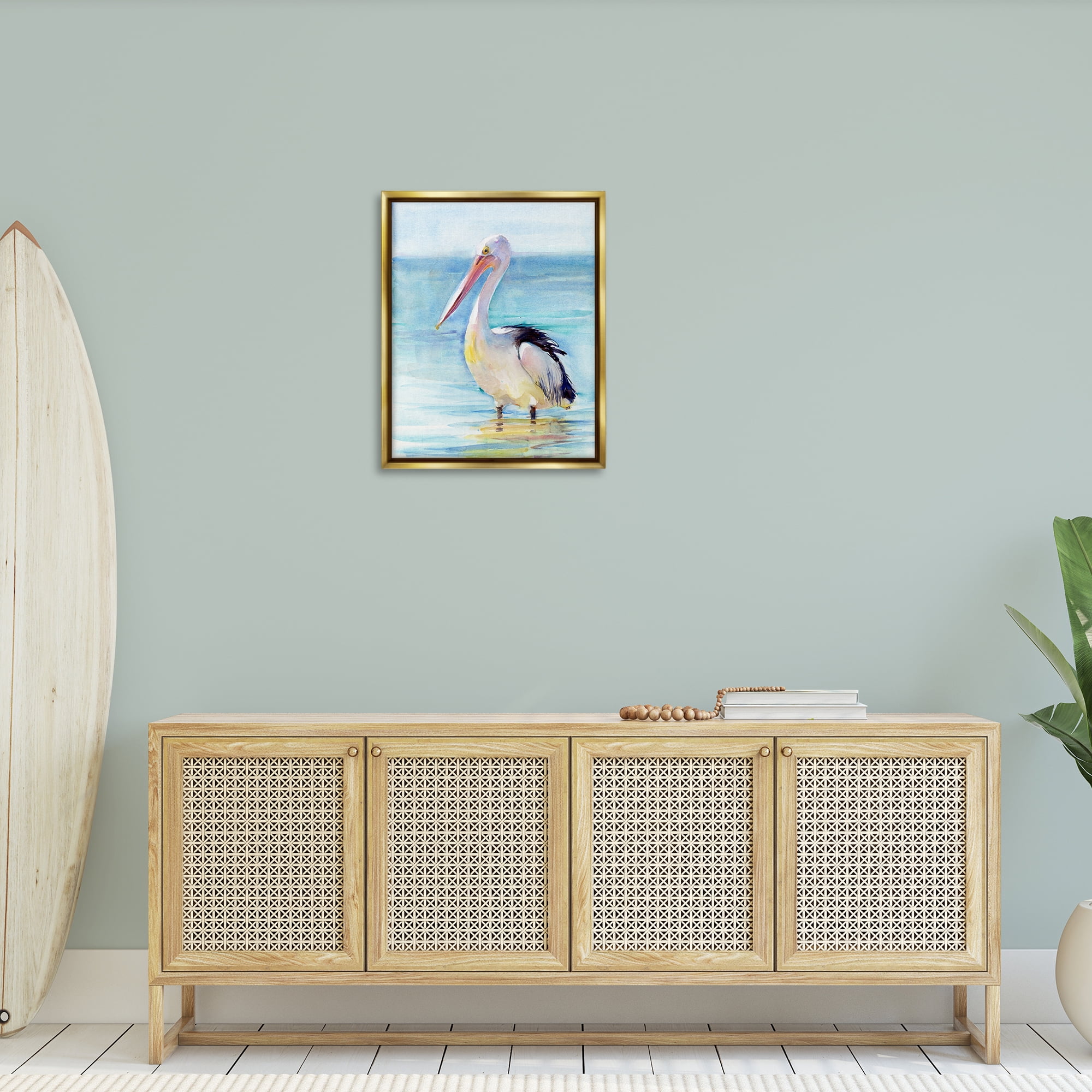 Stupell Industries Pelican Wading in Sea Nautical & Beach Painting Gold Floater Framed Canvas Art Print Wall Art, 25 x 31