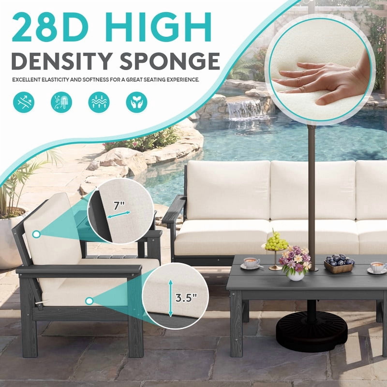 FUNDAZE Oversize 5 Pieces Patio Furniture Sets, Waterproof HDPE Frame Outdoor Conversation Sets Perfect for Patio, Poolside & Backyard, Grey Frame with Khaki Cushion