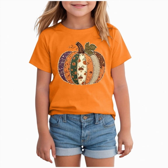 KPOPLK Girls Halloween Pumpkin Shirt Fall Winter Ghost Graphic Print Short Sleeve T-Shirt Kids Top Size 2-3 Years,Orange