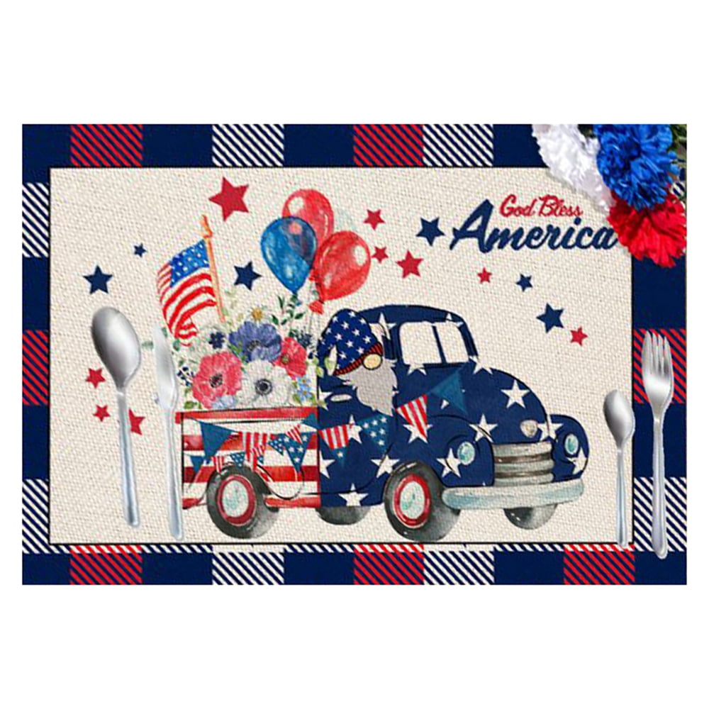Set of 4 Washable Holiday Banquet Dining Kitchen Table Mats 12 x 18 Cotton Linen Woven Dining Table Mats Independence Day Lovely Flag Truck Placemats 