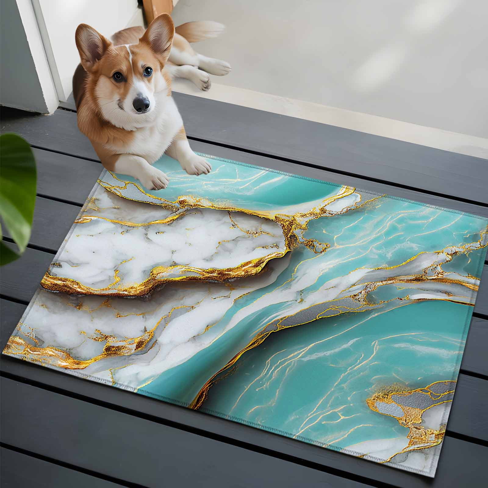 Turquoise Marble Bathroom Rug Washable 2x3 Entryway Rug Non Slip Modern Abstract Gold Stripes Art Front Door Mat Low Pile Indoor Doormat Throw Floor Carpet for Kitchen Bedroom Entrance
