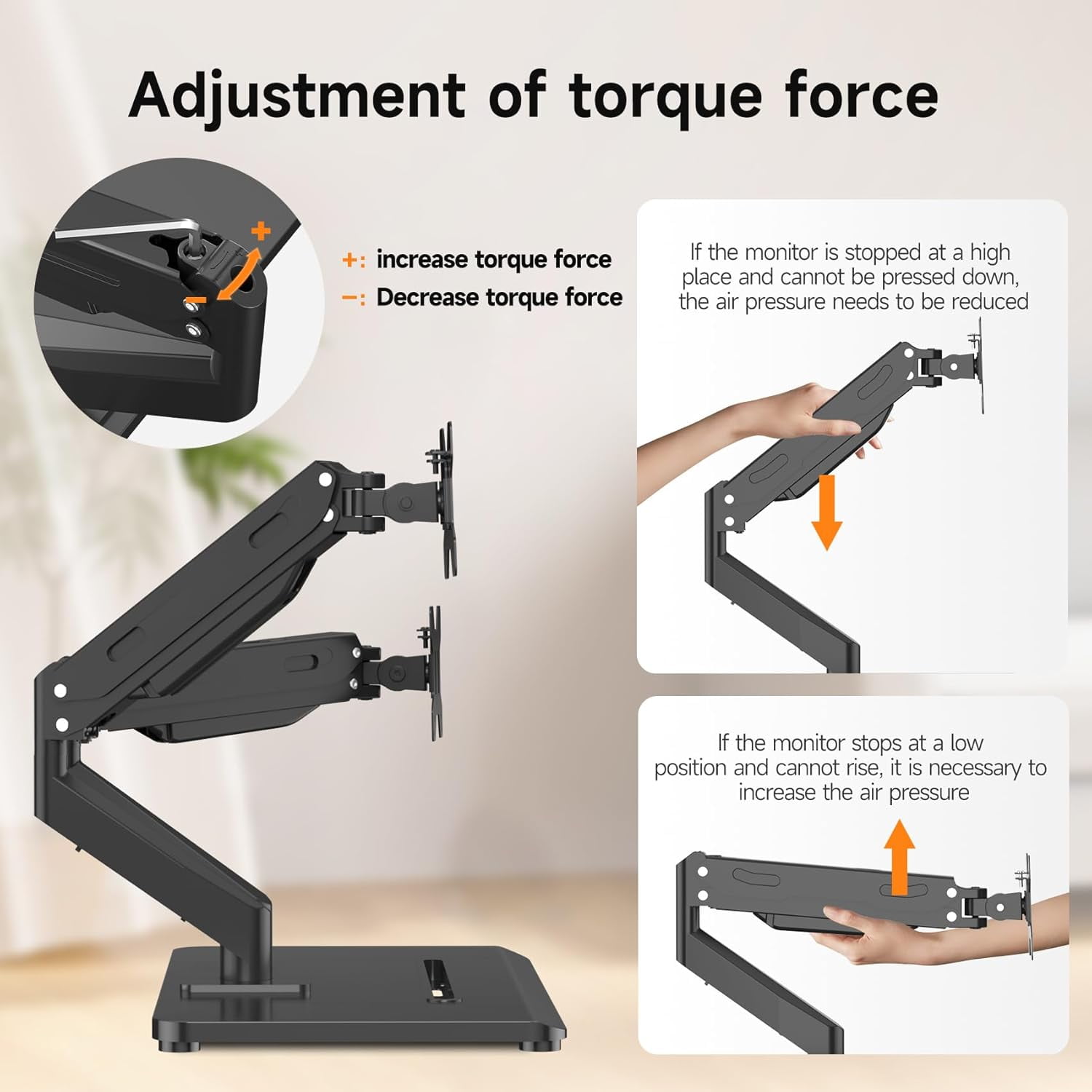 Adjustable Dual Monitor Arms with Gas Spring for 17-32 inch Screens,Pneumatic Dual VESA Monitor Mount with Base,Freestanding Full Motion Dual Monitor Desk Stand Holds  to 22 lbs Each.