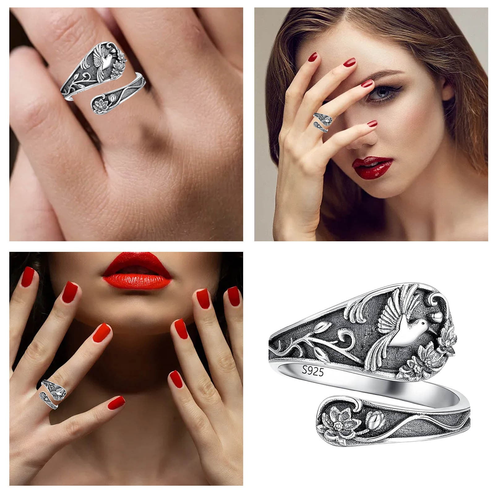 adjustable rings for women sterling silver stacking trendy fidget spinner ring hippie Spoon Ring Hummingbird Vintage Antique Rings Adjustable Thumb For Women
