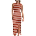 thumbnail image 1 of Pisexur Robes pour Femmes Mode Tricot Coton Lin Robes Respirantes Sans Manches Col Rond Robe Maxi Vintage à Rayures Fendue Robes Débardeur Été Décontracté Ajusté Élégant Robe Longue, 1 of 8