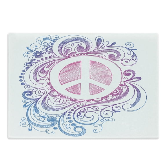 Groovy Cutting Board, Classic Hand Drawn Style Peace Sign and Swirls Freedom Change Hope Roll, Decorative Tempered Glass Cutting and Serving Board, Large Size, Pink Blue White, by Ambesonne
