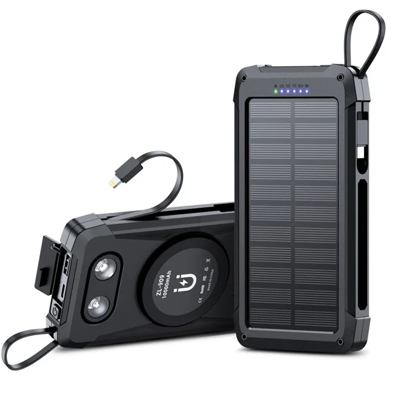 Solar Charger Power Bank 10000mAh, Portable Charger, Wireless Charging, Solar Panel Charger, Built-in 2 Cable, with USB C for Cell Phones, with Dual Flashlight for Camping