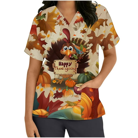 Thanksgiving Scrubs Tops for Women with Pockets Turkey Print V Neck Short Sleeve Tees Nursing Working Uniform Shirts
