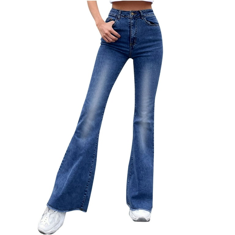 JNGSA Pull On Jeans for Women,Women's Flare Bell Bottom Jeans Wide Leg  Jeans Button High Waist Bootcut Denim Pants Stretch Jeans with Pockets  Clearance 