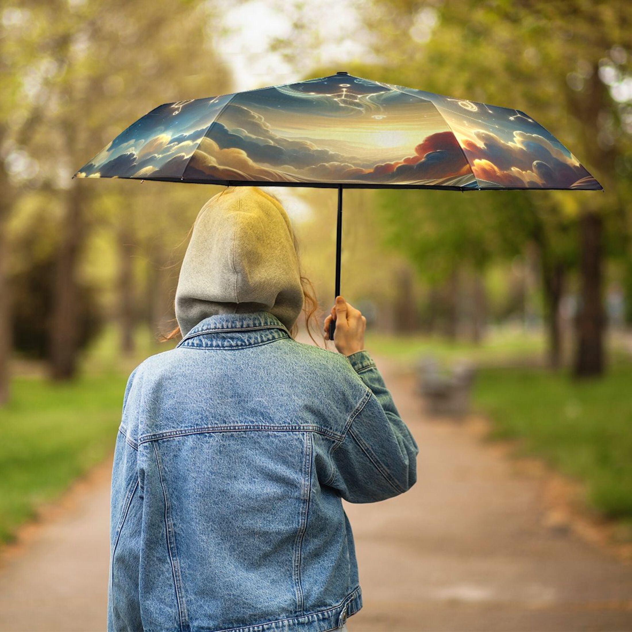Twelve Zodiac Stars in Night Sky Compact Sun Umbrella Windproof Travel Umbrellas for Rain Strong Portable UV Protection