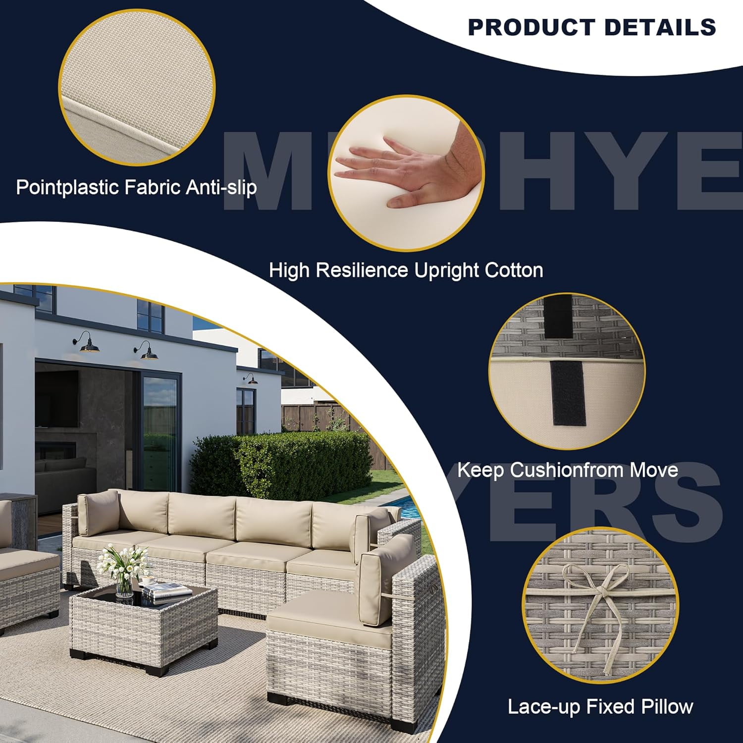 11-Piece Outdoor Patio Furniture Set with Rocking Swivel Chair, Wicker Rattan Sectional Sofa Conversation Set with 55,000 BTU Fire Pit Table, Backyard Furniture,Beige