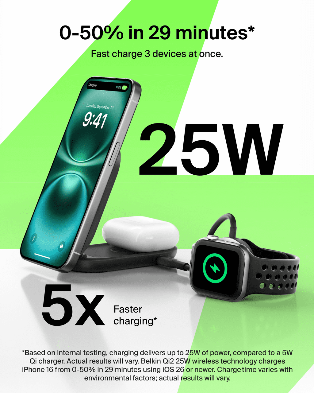 Belkin MagSafe Charger Compatible, 2-in-1 Qi2 Wireless Charging Station 25W, Convertible Wireless Charger for iPhone 16, AirPods, Portable Phone Stand for Travel w/ USB-C Port, 45W Adapter - Black