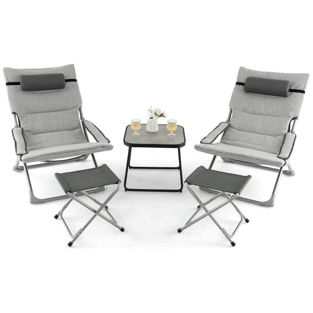 GVN Reclining Chair,Outdoor Chaise Lounge,5-Piece Patio Sling Chair Set Folding Lounge Chairs with Footrests and Coffee Table-Gray GVN Reclining Chair,Outdoor Chaise Lounge,5-Piece Patio Sling Chair Set Folding Lounge Chairs with Footrests and Coffee Table-Gray