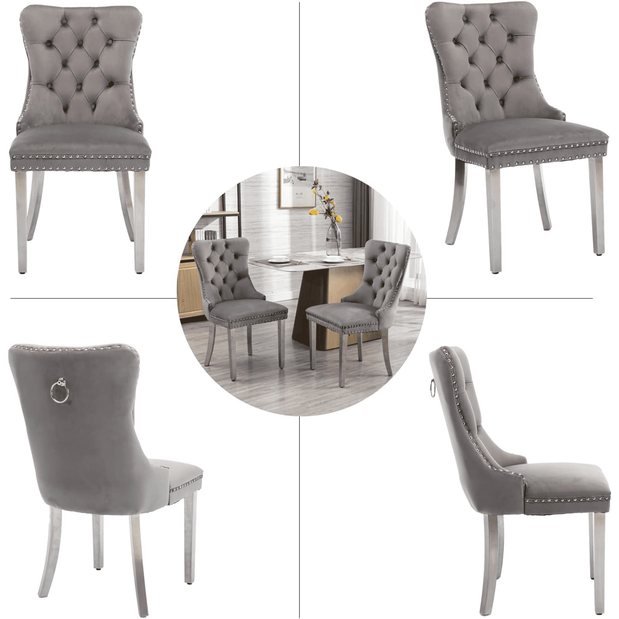 LegaHome Dining Chairs Set of 2, Modern Upholstered Velvet Dining Room Chairs with Nailhead Trim and Chrome Stainless Steel Plating Solid Wood Legs, Tufted Button Padded Chairs Set for Kitchen, Gray