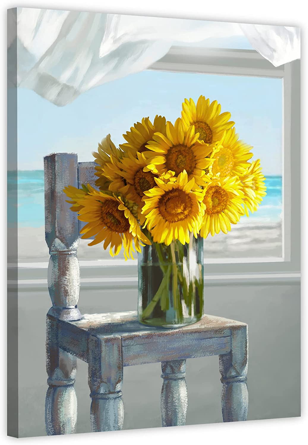 Framed Vintage Sunflower Wall Art, Rustic Yellow Sunflower on Chair