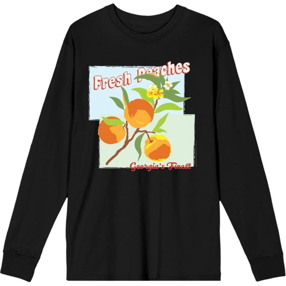 Natural World Fresh Peaches Georgia's Finest Adult Black Crew Neck Long Sleeve Tee-Medium
