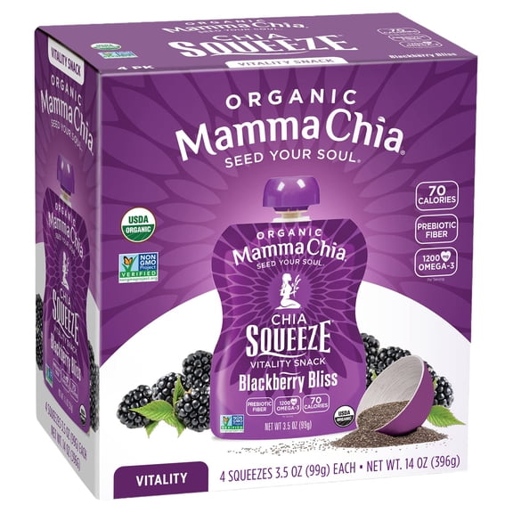 Mamma Chia Organic Vitality BCF26 Squeeze Snack, Blackberry Bliss, 24- 3.5 Ounce Chia Pouches. USDA Organic, Non-GMO, Vegan, Gluten Free, and Kosher. Fruit and Vegetables with only 70 Calories