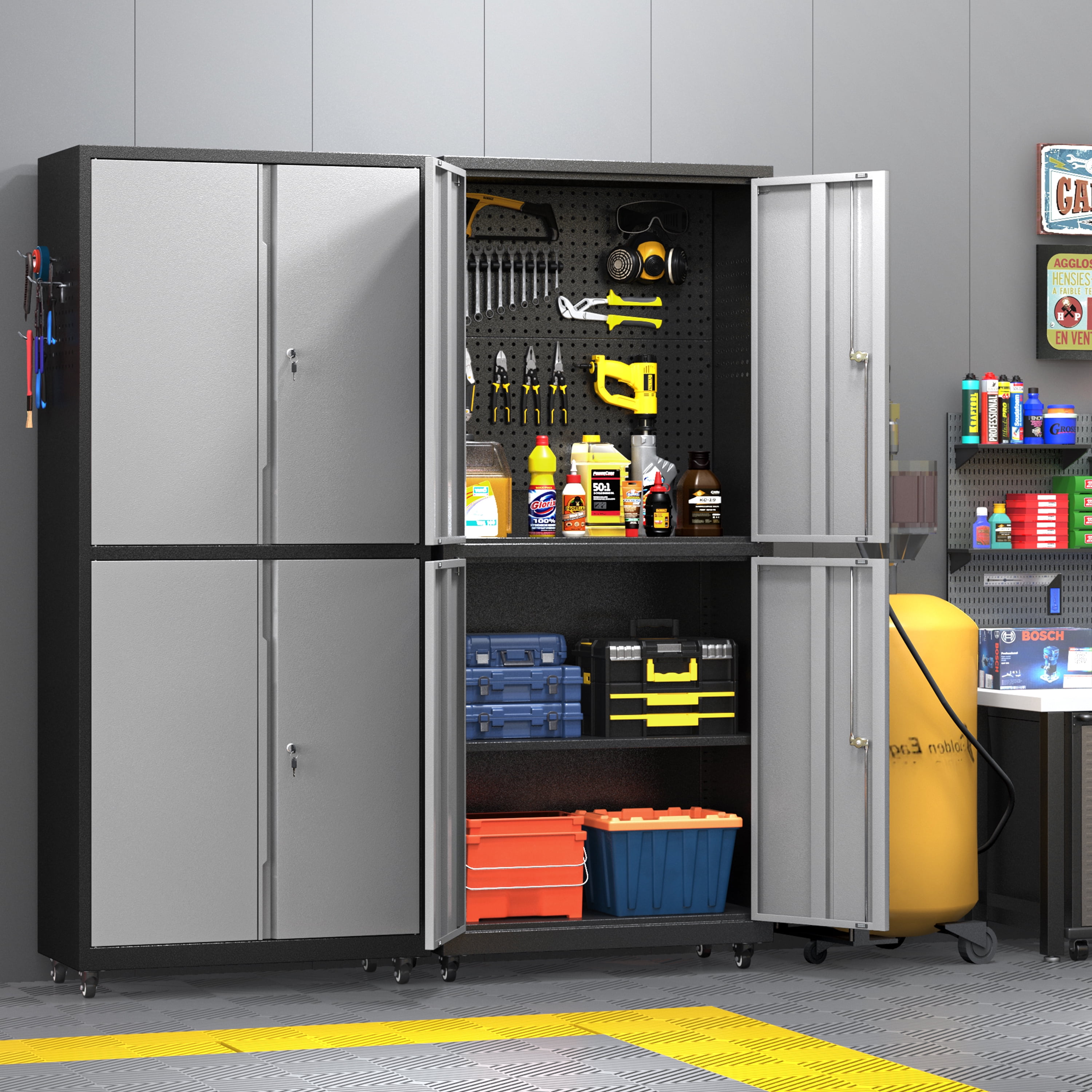 Rolling Garage Storage Cabinet with Wheels and Pegboard,Metal Storage Cabinet with Doors and Adjustable Shelves,Lockable Steel Tool Cabinet for Garage,Warehouse,Utility Room,Home,Office(Black Gray)