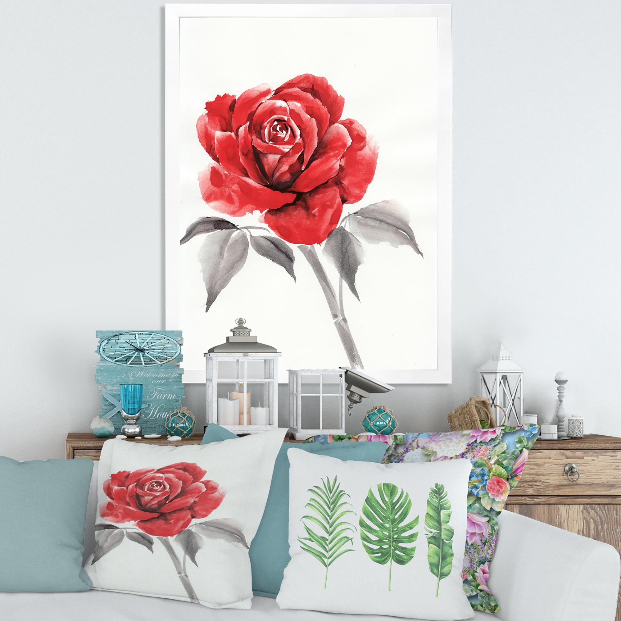 Designart 'Ancient Red Rose Flower I' Traditional Framed Art Print