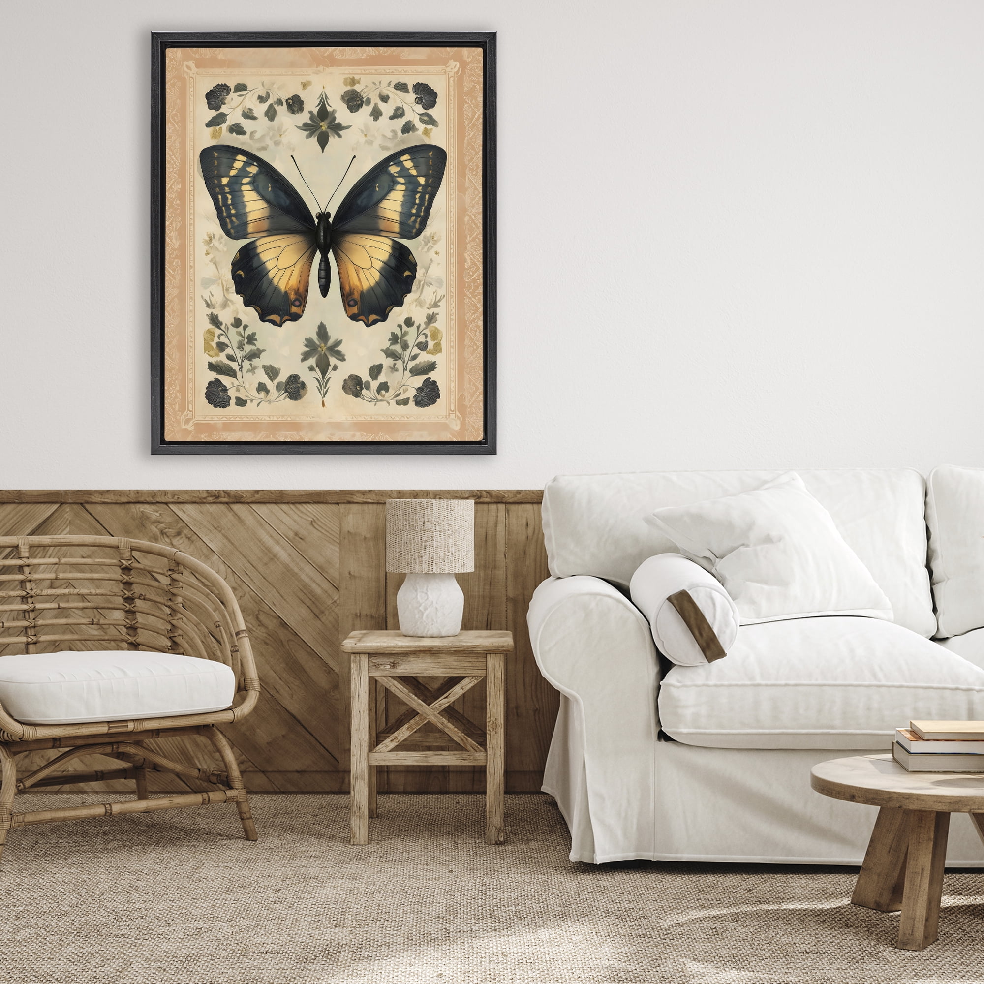 Stupell Industries Vintage Butterfly Botanical Illustration Black Framed Floater Canvas Wall Art, design by Arlington Prints
