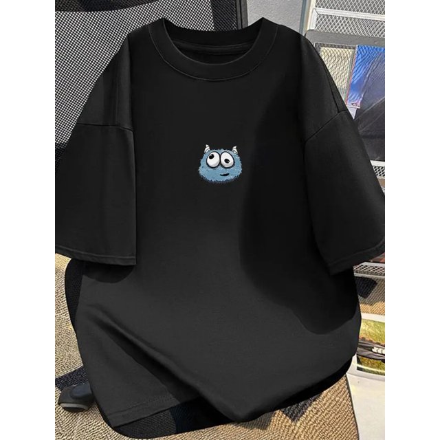 Women's Oversized Cartoon Graphic Tee - Black Casual Crew Neck Short Sleeve Top, Machine Washable, Relaxed Fit for Casual Attire Allseason Apparel Relaxed Fit Shirt Glossy Fabric Ladies T Shirts