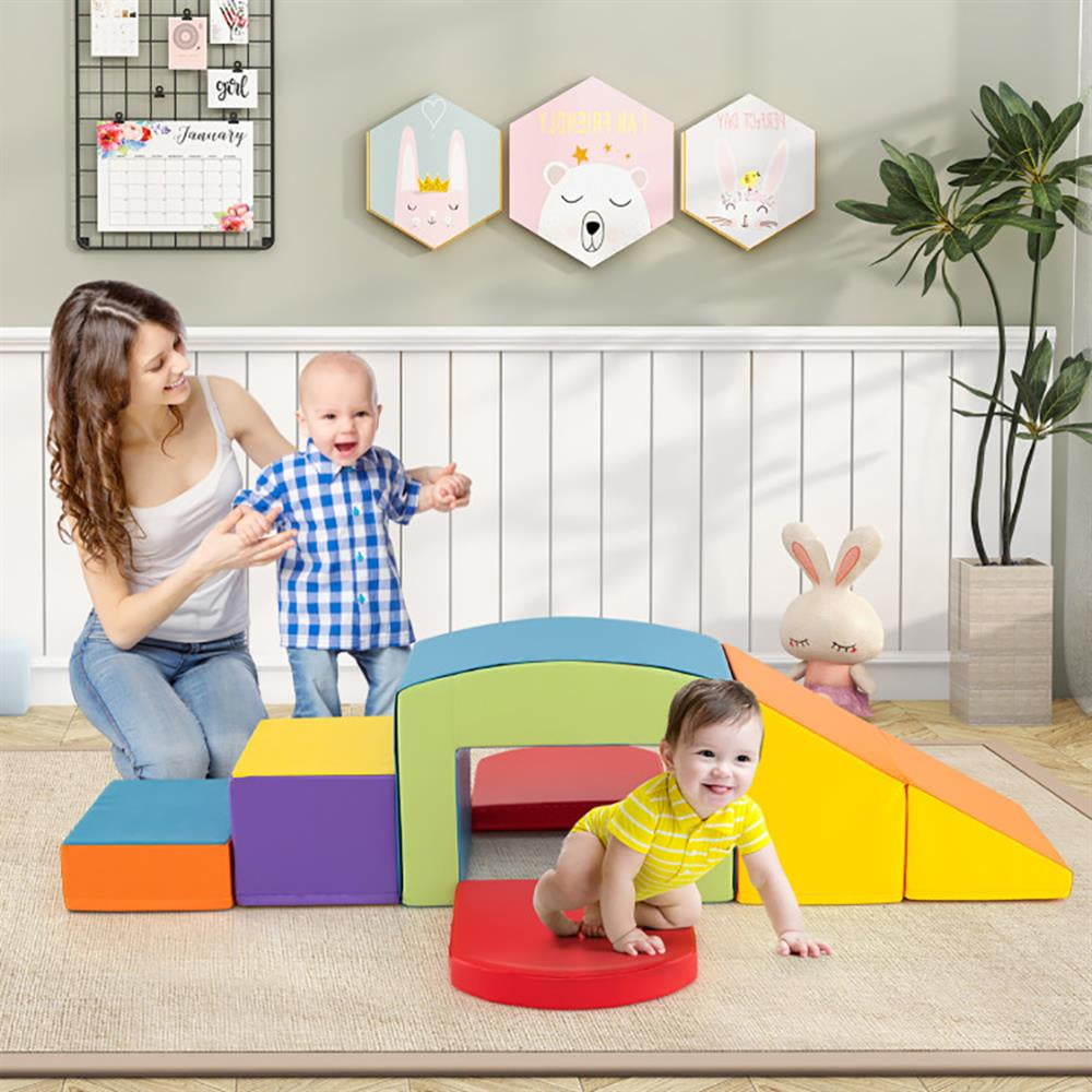 Resenkos 6 Pieces Foam Climbing Blocks Soft Play Climbing for Toddlers with Tunnel-Multicolor