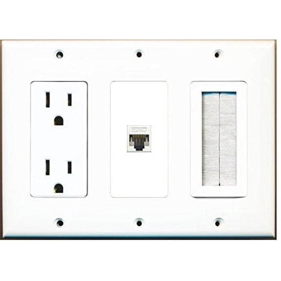 RiteAV - (3 Gang 15A Power Outlet Mesh-Brush Cat5e White Wall Plate White