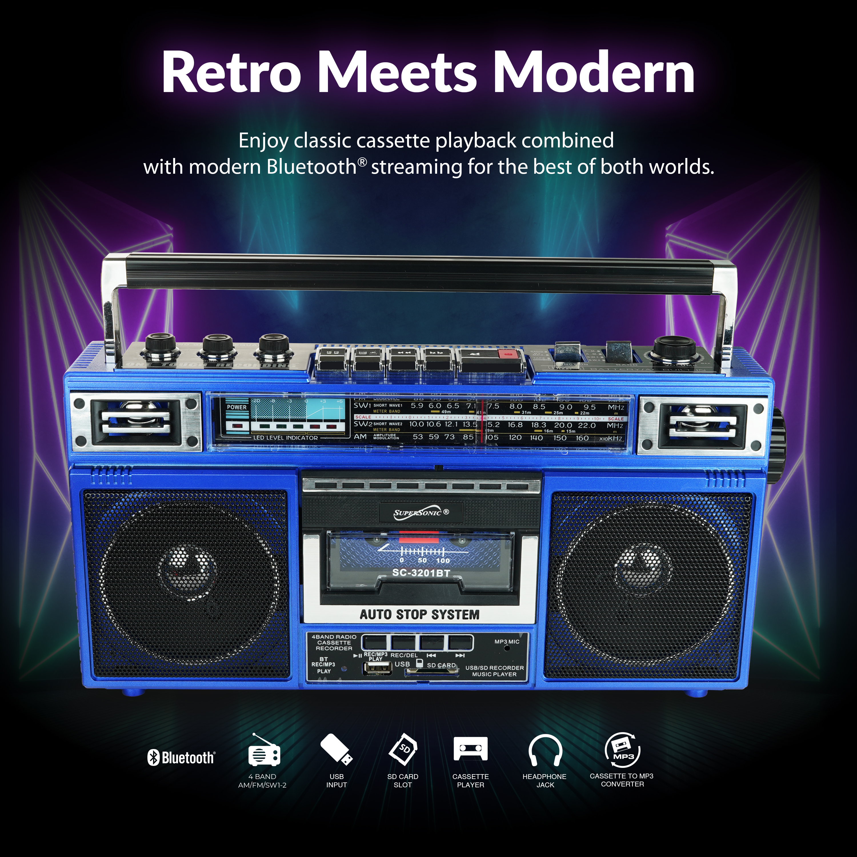Supersonic SC-3201BT 4 Band Radio & Cassette Player Boombox, Bluetooth Speaker, AM/FM/SW Radio with MP3 Playback