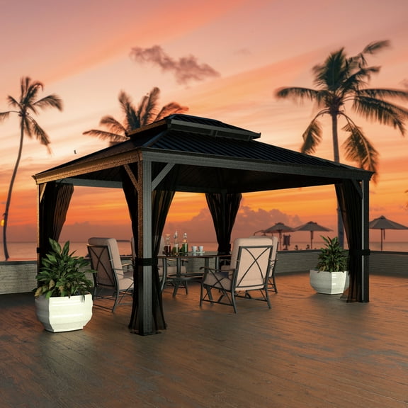 VEIKOUS 12'x10' Outdoor Hardtop Gazebo W/ Double Roof, Netting & Hooks for Lights/Fans
