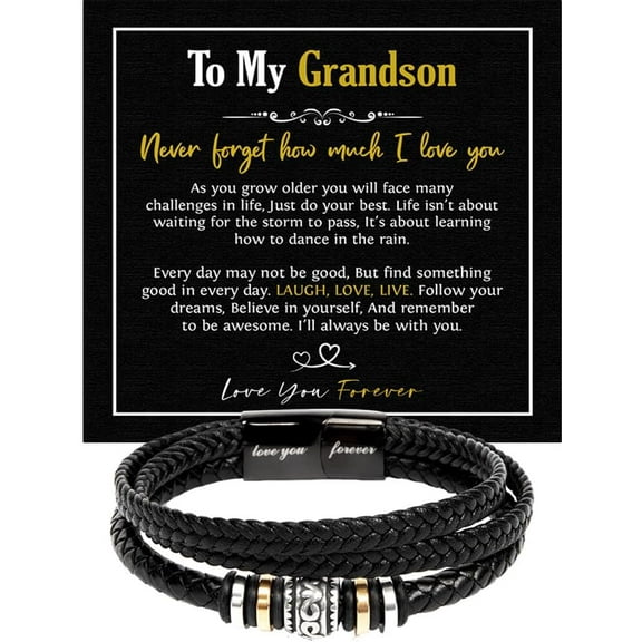 Personalized Leather Bracelet for Grandson, Back-to-School Gift for Him With Inspirational Card