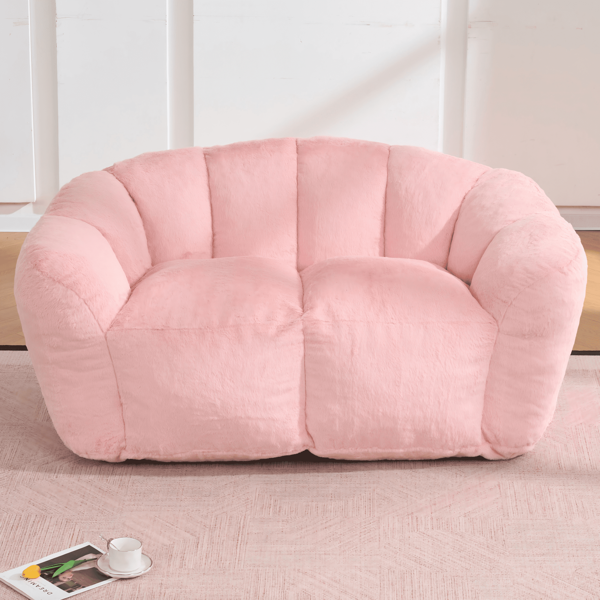Oversized Floor Sofa for Living Room Bedroom, Bean Bag Chair for Adults, Ultra Soft Fluffy Loveseat Bean Bag Sofa, Cozy Reading Chair with Filler, Pink