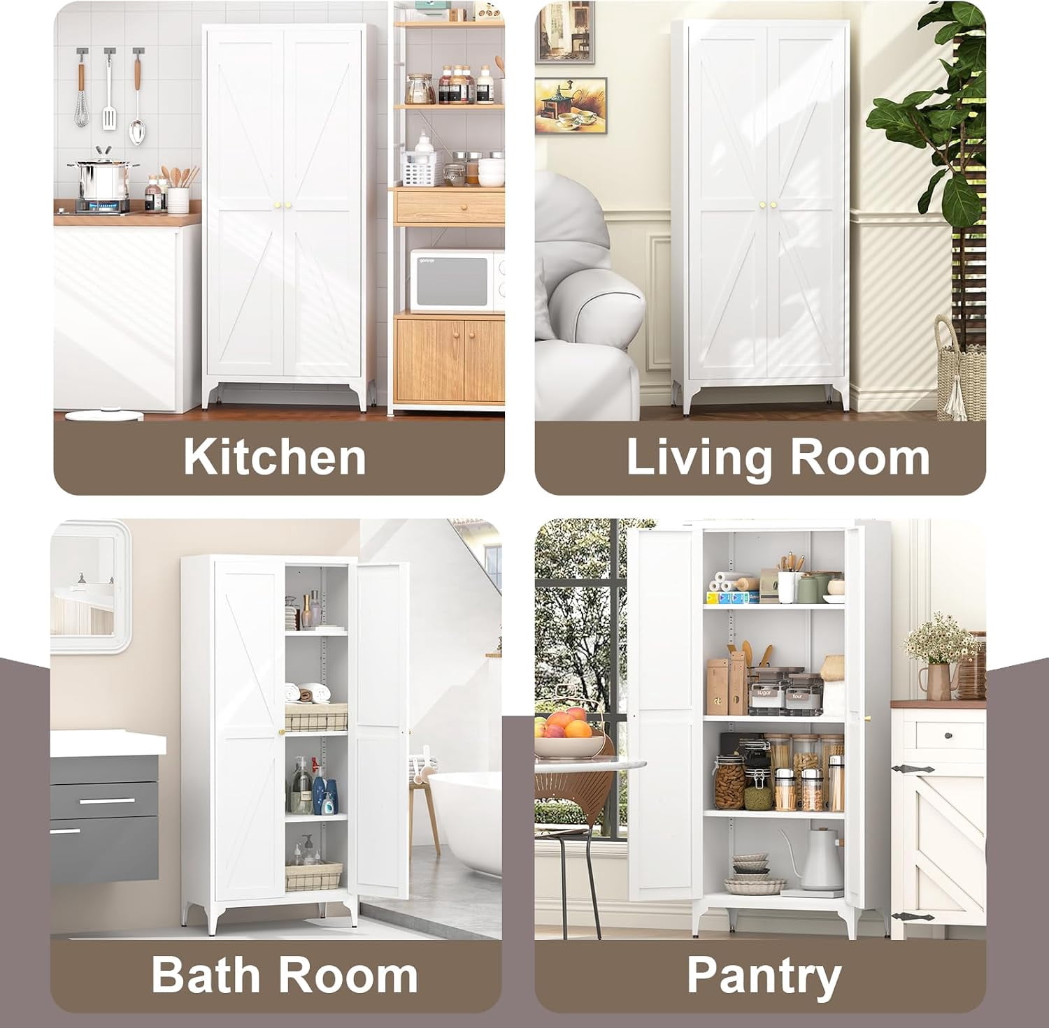 Howcool 65" 2-Door Steel Storage Cabinet with Adjustable Shelves for Kitchen Living Room Office, White
