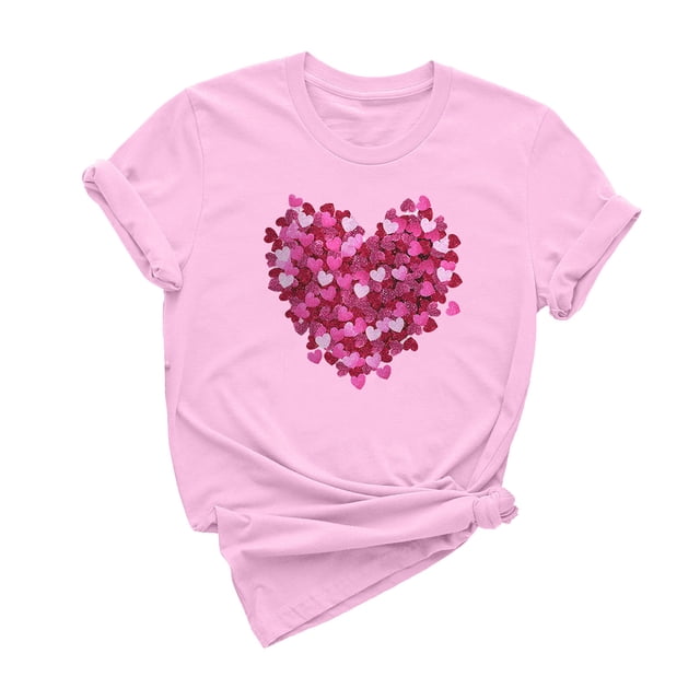 Dealovy T-Shirts pour Femmes Manches Courtes Col Rond Mignon Cœur Imprimé Couleur Unie Décontracté Été T-Shirts Unis
