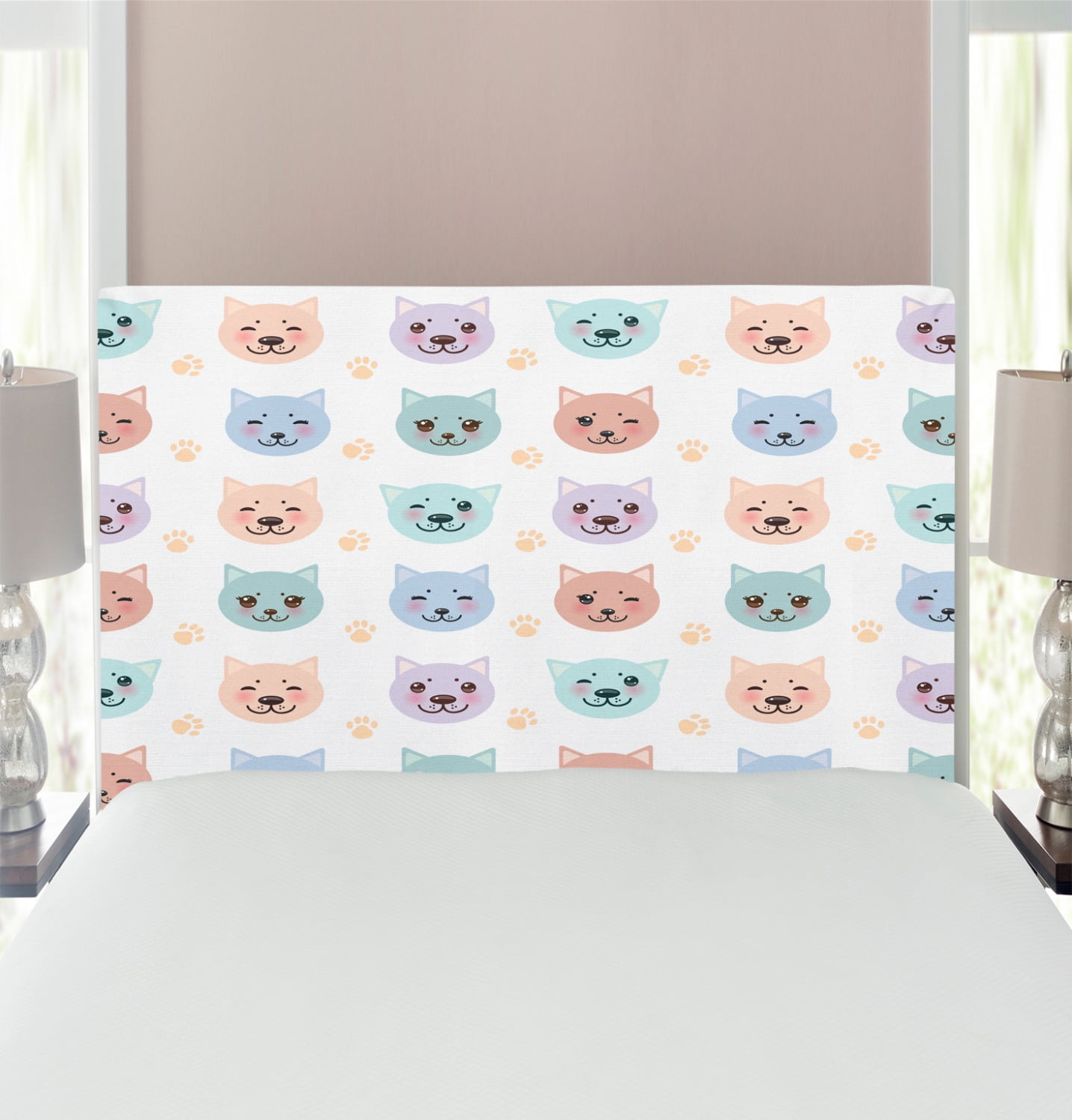 Cat Headboard, Smiling Cat Muzzle and Paw Prints Pattern on Animal