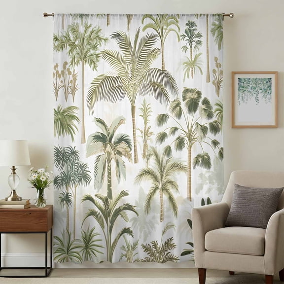 Green Palm Tree Tropical Sheer Curtains 63 Inches Long, Beach Summer Botanical Light Filering Curtains, Breathable Simi Curtain Privacy Drapes for Living Room Bedroom Lightweight Window Treatment
