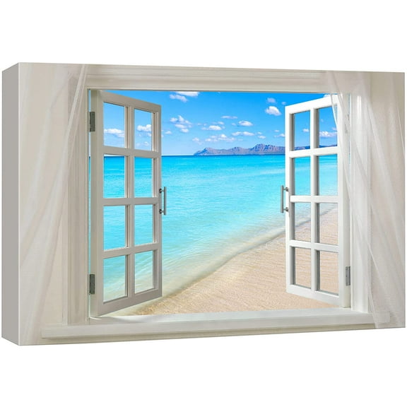 wall26 - Canvas Prints Wall Art - Glimpse into Clear Sea and Beach Out of Open Window | Modern Wall Decor/Home Decoration Stretched Gallery Canvas Wrap Giclee Print & Ready to Hang - 12"x18&
