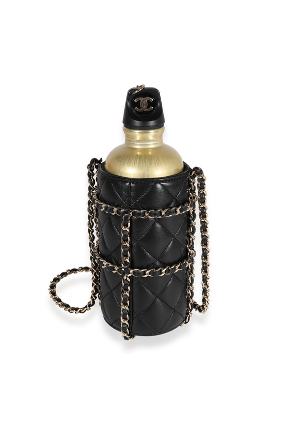 Pre-Owned Chanel Gold Metal Water Bottle & Black Quilted Lambskin Holder